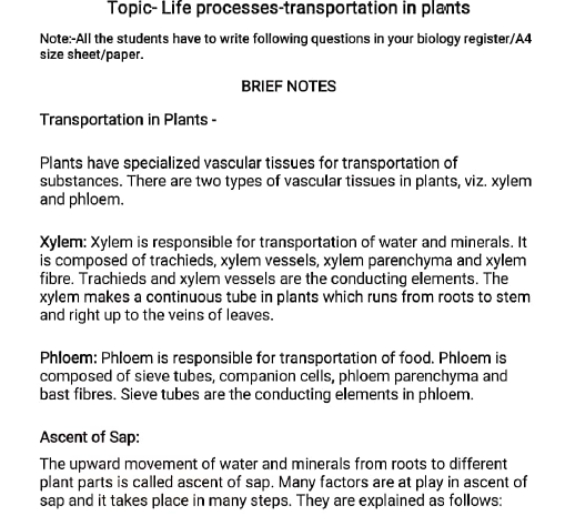 CBSE Class 10 Science Biology Transportation Assignment